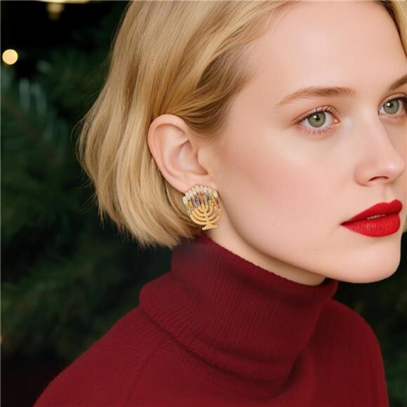 ✨ Festive Candle Christmas Earrings | Gold Crystal Dangle Jewelry - Picture 4 of 5